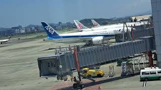 一架ANA全日空NH851班次日本羽田機場飛往台北松山機場B787-8型JA801A噴射客機停機，一架上海航空FM802班次台北松山機場飛往上海浦東機場B737-89P型B-1151噴射客機後推並滑行