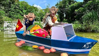 Naughty Bim Bim and baby monkey Obi steal the puppy's boat to harvest fruit