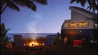 Campfire by the Sea Ambience | Crackling Fire, Ocean Waves, & Crickets Sounds
