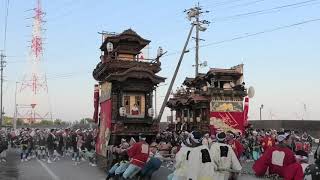 亀崎潮干祭後の日　2024年5月4日　神前神社前・５輌曳き出し（西組花王車、田中組神楽車、中切組力神車、石橋組青龍車、東組宮本車）