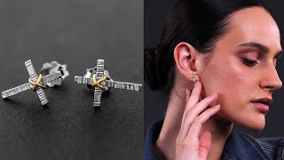 Unusual sterling silver cross earring studs, edgy jewelry | Emmanuela®