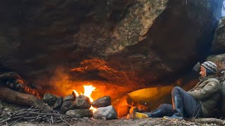 Winter Survival Camping under the Rock, The cave saved me in Extreme Cold | Bushcraft camp