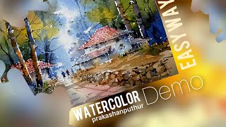 beautiful village on water color|water color landscape