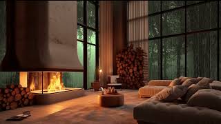 Cozy living room with gentle rain sounds to fall asleep with a cozy fireplace