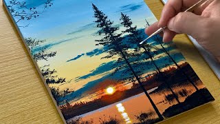 How to Draw a Sunset Lake / Acrylic Painting for Beginners