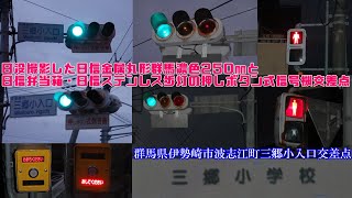 【信号機】群馬県伊勢崎市波志江町 日没撮影した日信金属丸形群馬濃色250㎜と日信弁当箱・日信ステンレス歩灯の押しボタン信号交差点〈更新済み〉