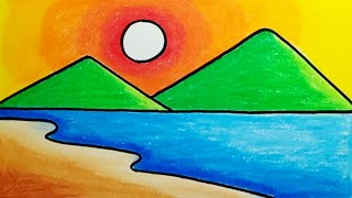 How To Draw Easy Scenery |How To Draw Beach Sunset And Mountain Scenery With Oil Pastels For Kids