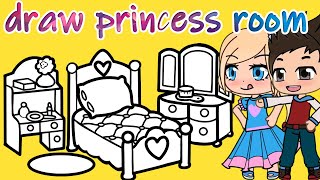 How to draw princess room with a bed for children Bolalar with cartoon princess, cartoon paw patrol