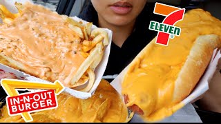 ASMR EATING SUPER CHEESY HOT DOG \u0026 ANIMAL STYLE FRIES CHEESE NACHOS CAR MUKBANG REAL SOUND TWILIGHT