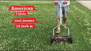 American 5 blade 14 inch width reel mower unbox and use mowing video