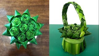 กระเช้าใบเตย | วิธีพับใบเตยดอกกุหลาบ | DIY Pandan leaf