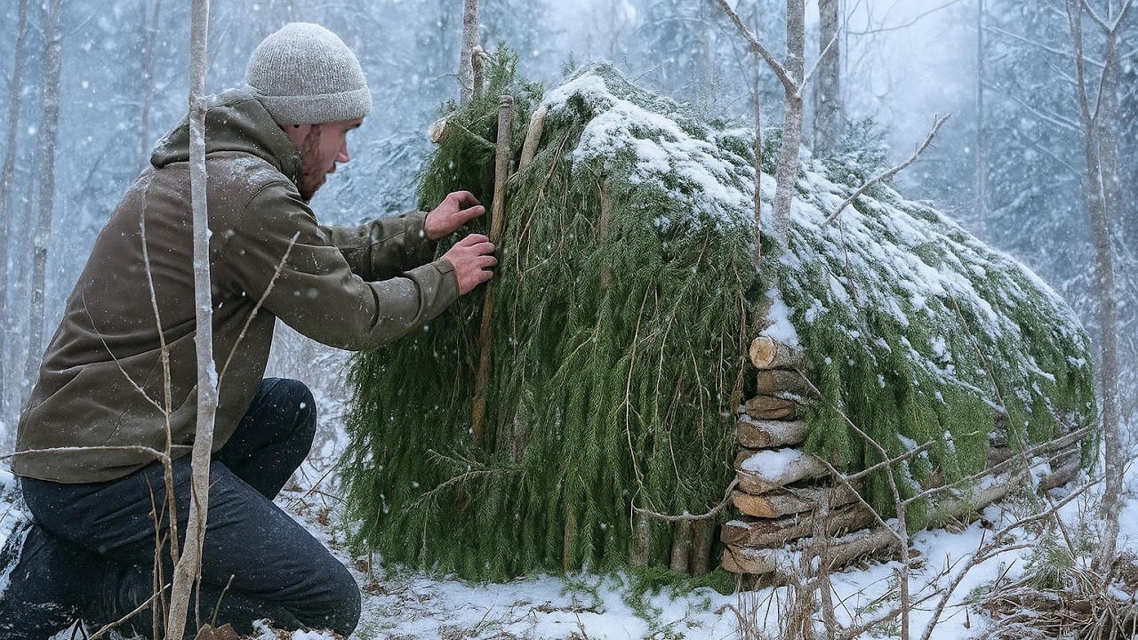 Building A Winter Shelter In Snow Rain 5 Days Camping Alone Youtube