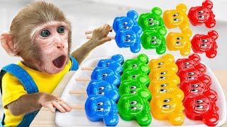 KiKi Monkey make CUTEST Minnie Mouse Rainbow Jelly for Brother's Surprise Birthday |KUDO ANIMAL KIKI