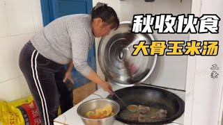 1610 农忙时节辛苦，二条妈熬大骨汤犒劳爷俩，这秋收的伙食就是给力！