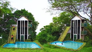 50 Days Build 2 Story Mud Villa From Wood, Bamboo & Mud And Swimming Pool With Palm Tree Water Slide
