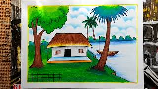 How to draw a beautiful village scenery# oil pastel drawing/@ গ্ৰামের সুন্দর প্রাকৃতিক দৃশ্য অঙ্কন#