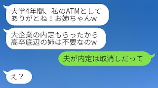 大学の4年間、学費と生活費を支援してくれた姉に感謝もせず、大企業への就職が決まると絶縁を宣言する妹。「高卒の姉なんていらない」と言い放ち、夫がその恩知らずな妹に激怒した結果。