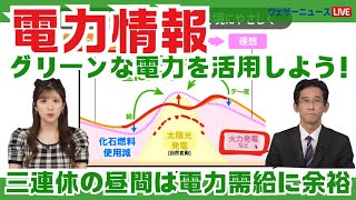 【電力情報】三連休の昼間は電力需給に余裕/グリーンな電力を活用しよう！