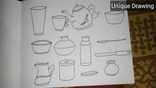 How to draw kitchen utensils glass, cup, kettle, bowl, water pot, plate, bottle, spoon, knif,can etc