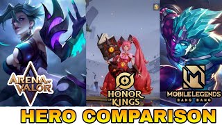 Hero comparison Mobile legends vs Honor of kings vs Arena of Valor