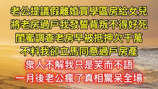 老公提議假離婚買學區房給女兒，將老房過戶我發誓背叛不得好死，閨蜜調查老房早被抵押欠千萬，不料我卻立馬同意過戶房產，衆人不解我只是笑而不語，一月後老公瘋了真相驚呆全場