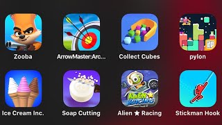 Zooba, Arrow Master, Collect Cubes, Pylon, Ice Cream Inc, Soap Cutting, Alien Racing, Stickman Hook