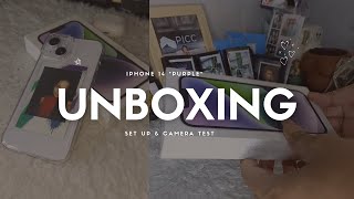 iPhone 14 Unboxing ( Purple) Aesthetic Unboxing, Setup \u0026 Camera Test 🤍