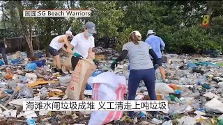 海滩水闸垃圾成堆 义工清走上吨垃圾