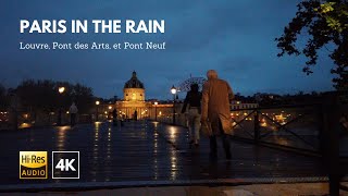 Walking Louvre Paris in the Rain. Paris night mood (Binaural rain and city Sounds) 4k