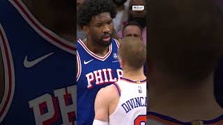 Joel Embiid and Donte DiVincenzo getting into in early in Game 3 #sixers #nba