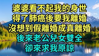 婆婆看不起我的身世，得來肺癌後要我離婚，沒想到假離婚成真離婚，後來老公兒女雙全，卻來求我原諒。【心緣故事】#為人處世#情感故事 #家庭 #婆媳關系 #小说