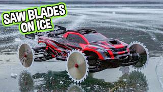 Rc Car with Saw blades on Frozen Ice Lake Drag Race