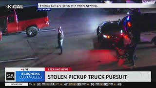 Lengthy pursuit with stolen vehicle suspect ends when truck blows tire