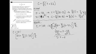 C = 5/9(F - 32); The equation above shows how a temperature F, measured in degrees Farenheit...