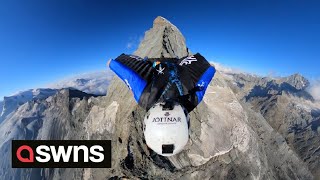 360-degree headcam captures stunning wingsuit jump over Swiss Alps | SWNS