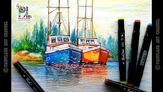 How to Draw and Coloring Two Sailboats In A Landscape | Easy Color Pencil Art