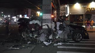 BMW Runs Red Light, Fatally Crashes Subway Pole / Bronx NYC 4.13.24
