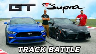 2020 Toyota Supra vs Mustang GT - TRACK REVIEW // DRAG RACE & LAP TIMES