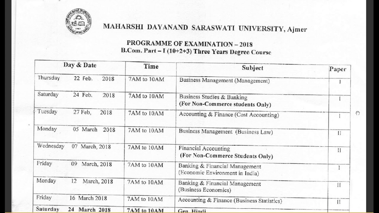 B. Com Part 1st Year Time Table Exam 2020 Mgsu Date Maharaja Ganga ...