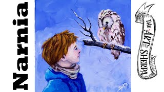 Boy and owl Talking in Snow Acrylic Painting Tutorial Narnia inspired | TheArtSherpa