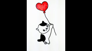 How To Draw Cute Cat with Heart balloon . Як намалювати милого Котика з Серцем кулькою