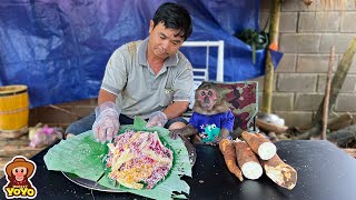 Grandpa harvests cassava tubers and makes delicious cakes for YoYo Jr