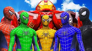Spider-Man, Green Spiderman, Blue Spiderman, Yellow Spiderman, Black Spiderman VS Hulkbuster