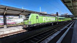 A Vectron-pulled, 8-car FlixTrain service arrives at Berlin Lichtenberg - Arrival -