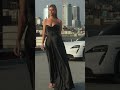 lace up corset satin flowy dress 7481 in black with leg slit blackdress guestofwedding blacktie