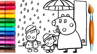 Drawing and Coloring Peppa Pig, George Pig and Mommy Pig In The Rain 🐷 Drawings for Kids