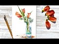 Watercolor Painting - Tulip and Eucalyptus Leaf in a vase- Tutorial Step by Step