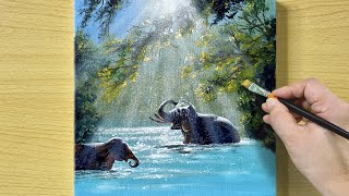 How to paint Elephants playing in the water / Acrylic Painting / STEP by STEP #290