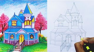 castle drawing || Princess castle || House drawing || Castle drawing step by step