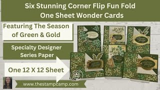 Six Stunning Corner Flip One Sheet Wonder Fun Fold Cards Featuring the Season of Green & Gold